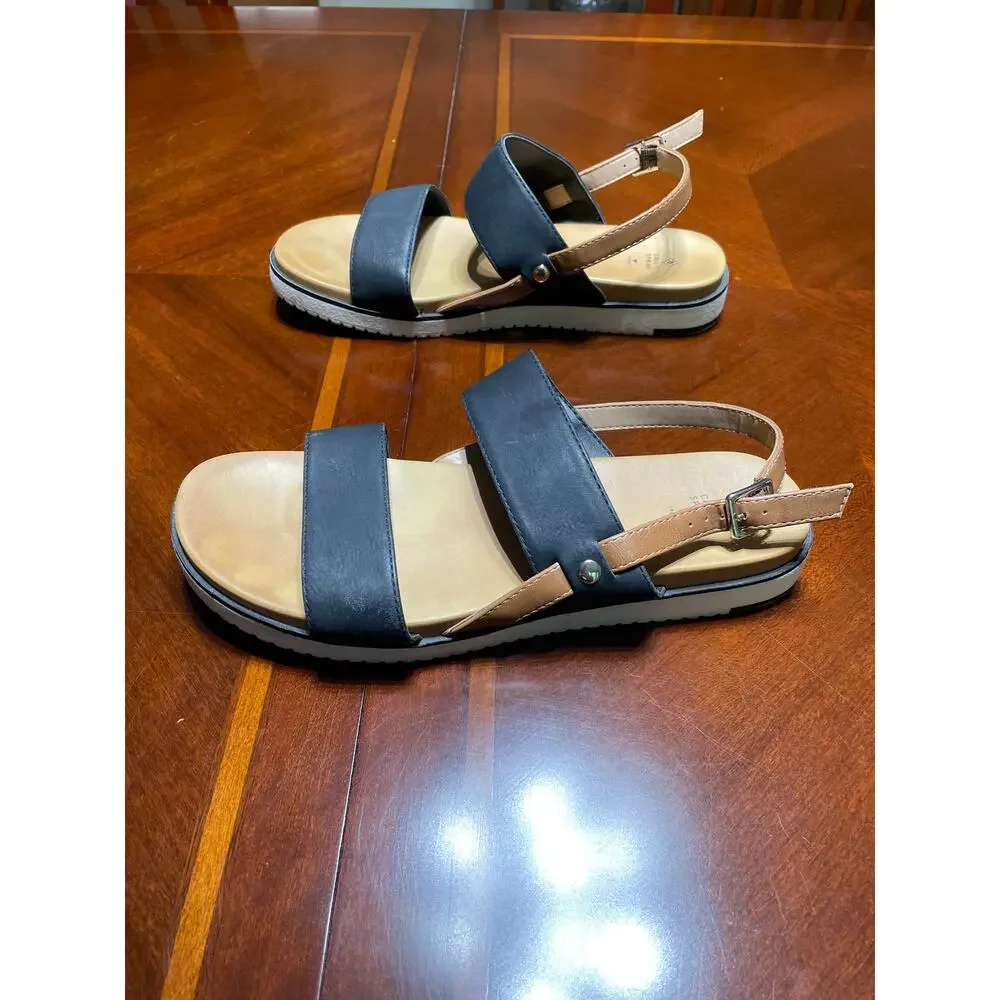 Call it Spring Women Sz 9 Sandals DoubleStrap Vegan Ankle Strap Buckle Black Tan - Picture 2 of 9